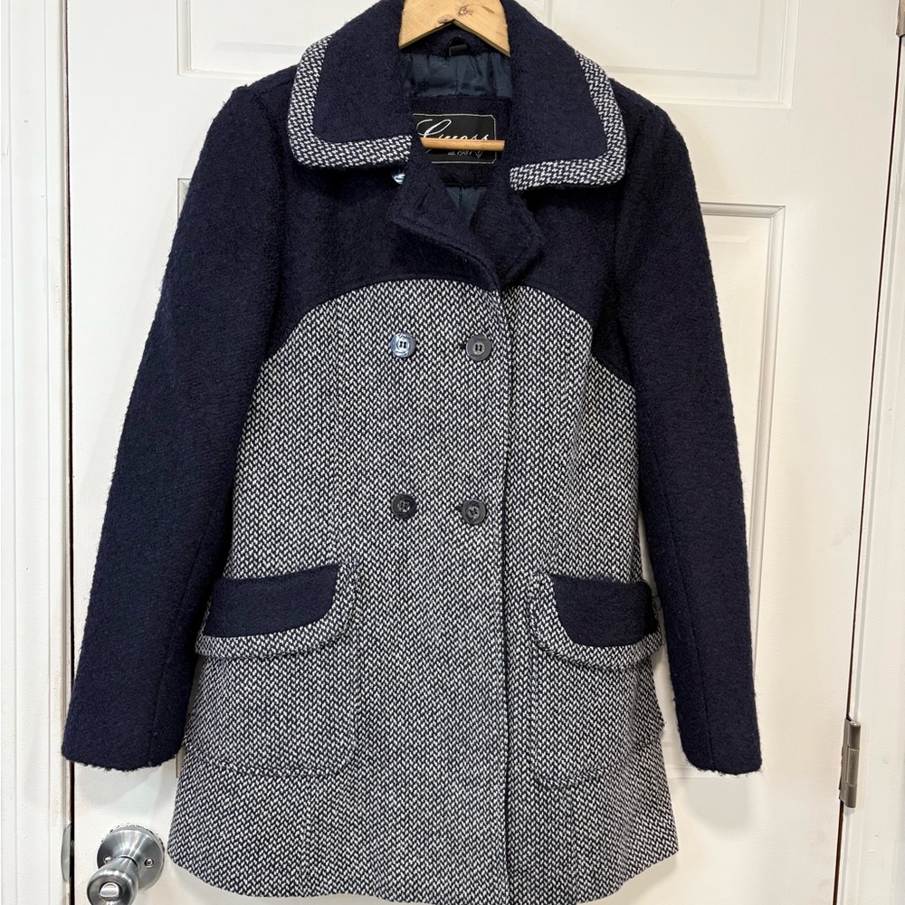 Guess Wool-Blend Pea‎ Coat Y2K Navy Houndstooth Double Breasted Colorblock Sz M